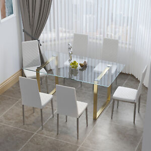 6 Seater Tempered Glass Dining Table Set & High Back Faux Leather Padded Chairs