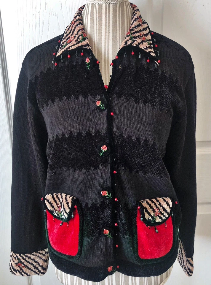 Cardigã suéter vintage Jack B bordado com miçangas rápidas chenille arte para usar GG - Imagem 1 de 4