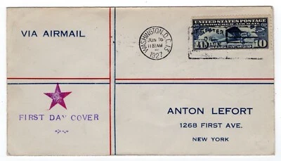C10 Lindbergh 10c Airmail 1927 FDC Unlisted Lefort - Wash DC w/ NY 6/18 Reverse - Image 1 of 2