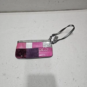 Coach Pink Silver Plum Maroon Metallic Patchwork Suede Leather Wristlet (ik8) - Picture 1 of 6