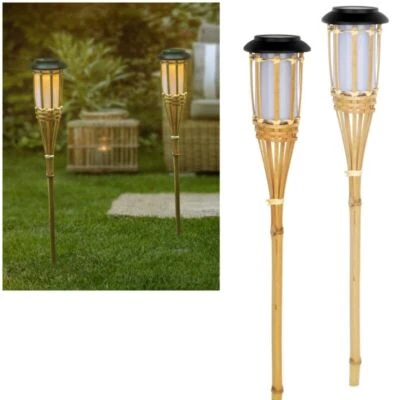 2er Set Led Solar Fackel-Leuchte aus Bambus Gartenfackel Flackereffekt Terrasse - Bild 1 von 3