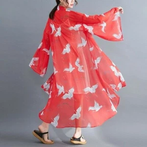 Lady Kimono Coat Chiffon Cardigan Yukata Crane Print Beachwear Long Outwear Chic - Picture 1 of 14