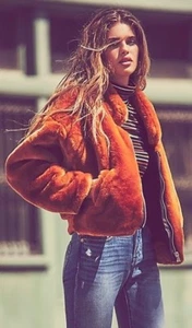 Free People Furry Bomber Jacket Terracotta Faux Fur Zip Up Collared Coat - Picture 1 of 4