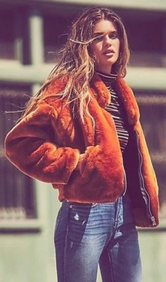 Free People Furry Bomber Jacket Terracotta Faux Fur Zip Up Collared Coat - Image 1 of 4