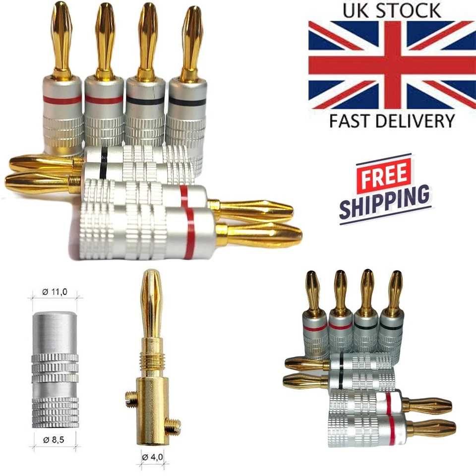 8x Professional Quality Gold Plated Banana Speaker Plugs HiFi  Pack of 8 - Image 1 of 3
