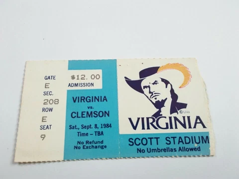 1984 Clemson Tigers Virginia Football Ticket Stub Cover