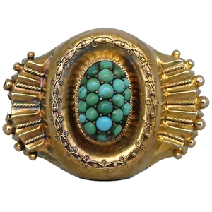 Antique VICTORIAN ERA 18ct Yellow Gold ETRUSCAN REVIVAL TURQUOISE BROOCH - Foto 1 di 11