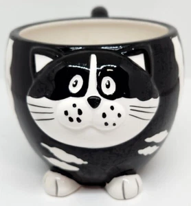 Pier 1 Imports Hand Painted Dolomite Black White Chubby Cat Coffee Mug - Picture 1 of 6