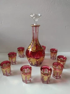 Rare MOSER BOHEMIAN ELEGANT GOLD GILT CRANBERRY DECANTER & 9 GLASSES - Bild 1 von 21