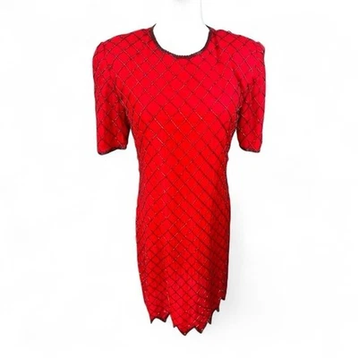 Vestido Allyson Whitmore Petite Rojo Seda Cuentas Cóctel Fiesta Espalda Abierta Foto 1 de 4