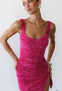 Vestido Princesa Polly Rosa Caliente Pliegue Central Lentejuelas-Talla 4~ Hermoso~ - Imagen 1 de 10