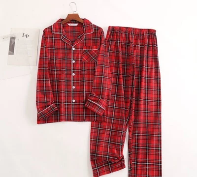 Conjunto de pijama de algodón a cuadros rojo manga larga con botones ropa para dormir top y pantalones unisex Foto 1 de 4