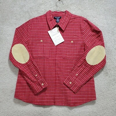 Denim & Co. Flannel Shirt Men Large Red Plaid Leather Elbo Patch Zip-Up Gorpcore - Image 1 of 4