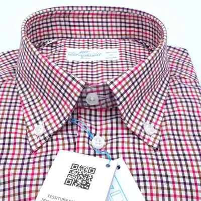 Camicia Uomo Quadretto Rosso Marrone Button Down Popeline 100% Makò Tess. Monti - Immagine 1 di 4
