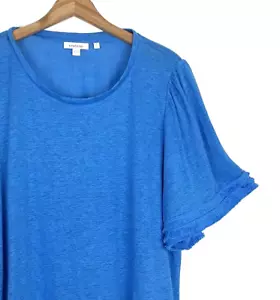 Chico's Tee Shirt Top Women 3XL Blue 100% Linen Fringe Short Sleeve Boho Coastal - Picture 1 of 6
