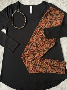 Lularoe Outfit Lynnae Top Medium Solid Black & OS Leggings Flowers Yellow Red - Picture 1 of 5