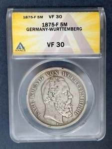 1875 F German States, Wurttemberg 5 Mark Coin; ANACS VF 30 - Picture 1 of 2