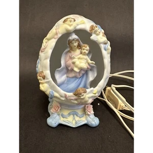 Vintage Avon Keramik Jungfrau Maria & Jesuskind Nachtlicht blau creme Cherubs - Bild 1 von 9