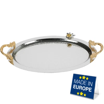 Ornamental Big Oval Gold Anti Tarnish Serving Tray with Leaf Handles, 19.6"x13" - Image 1 of 4
