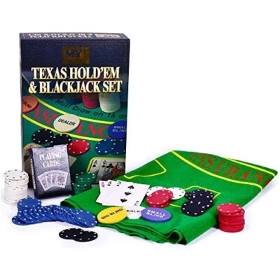 Texas Hold'em & Blackjack Set Poker Chips Deck Of Card Double Side Mat Gift - Image 1 of 3