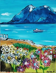TABLEAU PEINTURE -Fleurs et montagne - DECOOL.P -SUR TOILE - Picture 1 of 1