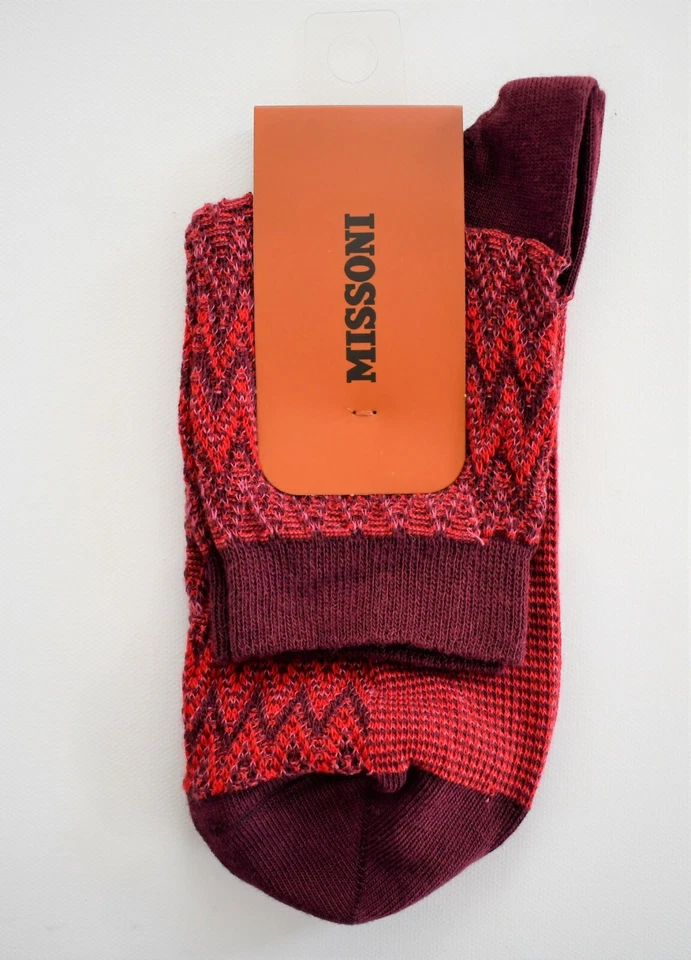 🆕️ MISSONI ORANGE LABEL Borgoña Rojo ZIGZAG CHEVRON Algodón Calcetines al Tobillo S M L Foto 1 de 3