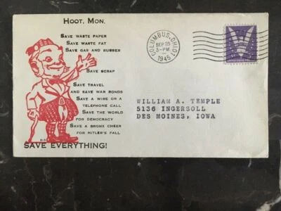 1945 EE. UU. Cubierta patriótica Columbus OH Save Everything To Des Moines Iowa Foto 1 de 2