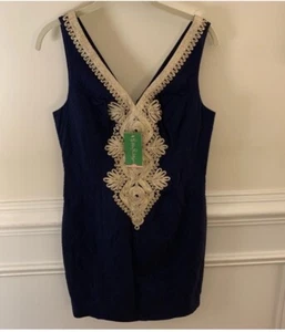NWT Lilly Pulitzer Junie Shift Dress sz 2 Golden Metallic Lace Blue Dress Women - Picture 1 of 8