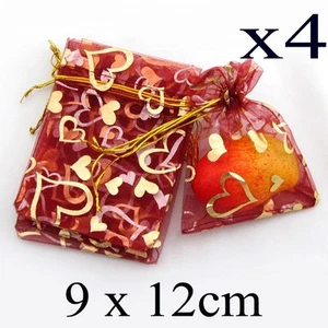 4 Red Organza Jewellery Gift Pouch Pouches Bags Gold Heart 9cm x 12cm - Picture 1 of 1