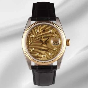 Rolex Datejust 36mm Yellow Gold Palm Motif Diamond Dial Leather Band Watch - Picture 1 of 12