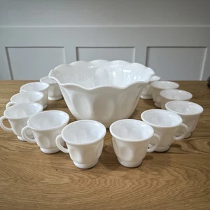 Vintage Hazel Atlas Milk Glass Thumbprint Punch Bowl Set 12 Cups - Picture 1 of 12