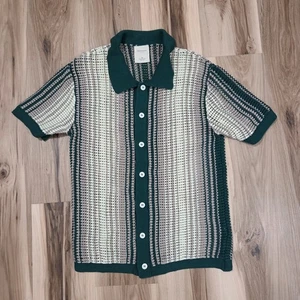 Massive Luxury Sweater Crochet Knit Polo Button Up Shirt Mens M Stripe Green - Picture 1 of 11