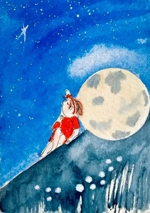 ACEO Original Watercolour Dreams, Fantasy, Girl, Imagination,Night,Moon - Picture 1 of 5