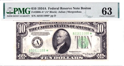 1934-A $10 Federal Reserve Note Boston **STAR** PMG Choice Unc 63 #A01611088* - Image 1 of 2