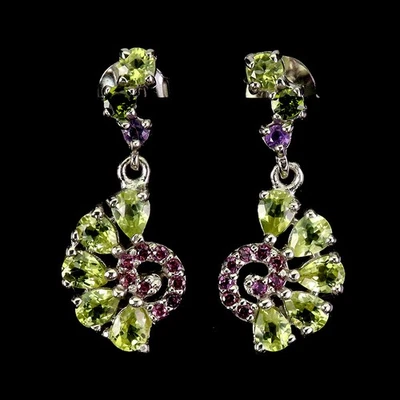 925 Sterling Silver Earrings Pear Peridot 4x3mm Rhodolite Gemstone Jewelry - Image 1 of 4