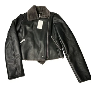 Chaqueta de moto de cuero sintético negra Mango para mujer cuello de oveja talla L - Imagen 1 de 8