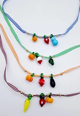 Halskette Choker Band Karos Vichy Anhänger Früchte Glas Auswahl Damen - Bild 1 von 2