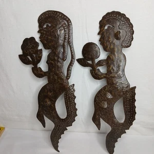 Haitianische Frau & Mann Meerjungfrau gehämmert Stahl Kunst Skulptur signiert Brissot - Bild 1 von 5