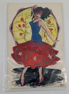 Lady in Silk Embroidered Blue/Red Dress Signed Made In Spain Postcard - Picture 1 of 4