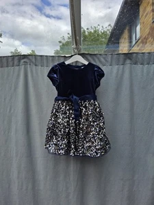 M&S Navy Blue And Silver Velvet And Sequin Occasion Dress UK 3-4 Yrs New - Picture 1 of 4