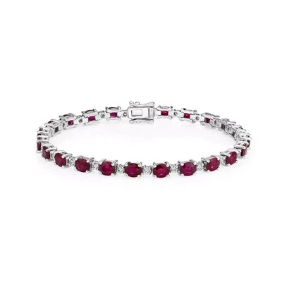 14.00 Ct Oval Cut Natural Red Ruby Diamond Line Tennis Bracelet 14K White Gold - Image 1 of 3