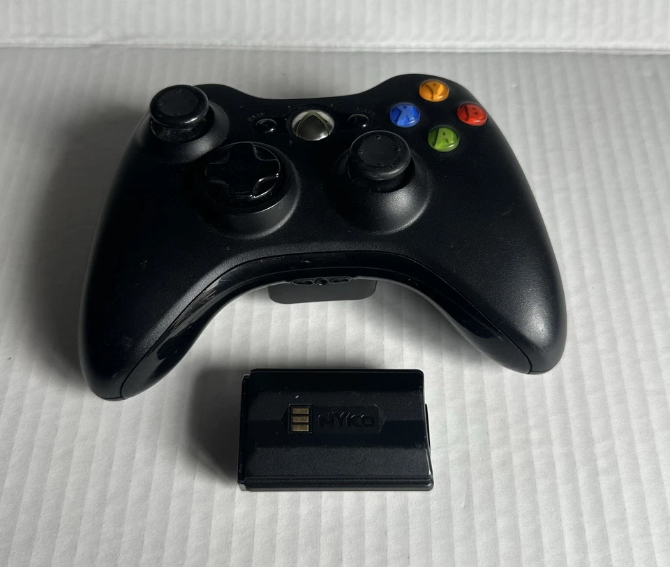Genuine Microsoft Xbox 360 Black Wireless Controller W/ NYKO Rechargeable BAT. - Image 1 of 4