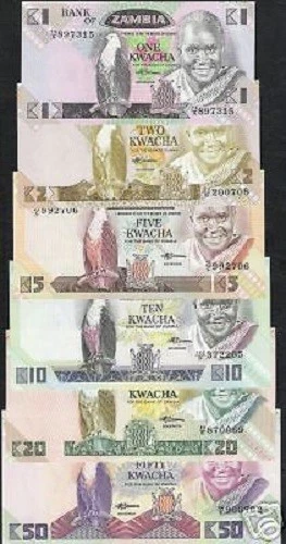 ZAMBIA 1 2 5 10 20 50 KWACHA P23 24 25 26 27 28 1986 FISH EAGLE UNC COMPLETE SET - Image 1 of 1