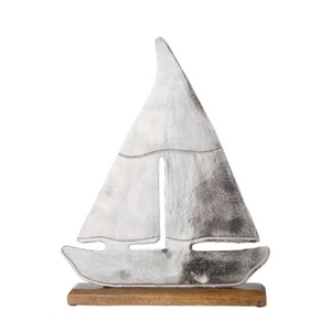 Segelschiff AHOI silber natur aus Aluminium mit Holzsockel H31cm maritime Deko - Bild 1 von 1