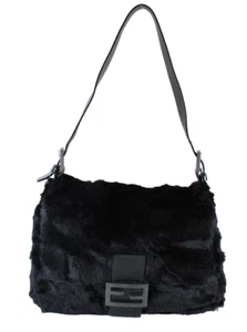 Bolso de Hombro FENDI Vintage Negro Piel de Visón Esquilado MAMMA BAGUETTE - Imagen 1 de 17