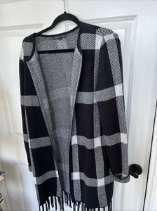 Adrienne Vittadini Open Front Long Black&White Herringbone Sweater Size M - Picture 1 of 8