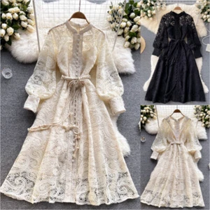 Mujeres Vestido de Encaje Midi Manga Larga Abullonada Hueco Retro Paisley Hada Gótico - Imagen 1 de 14