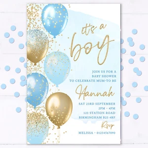 Personalised Baby Shower Invitations, Blue Gold, Baby Boy, It's a Boy, Invites - Picture 1 of 1