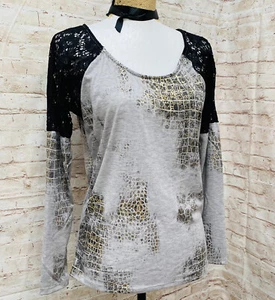 Petrol Womens Top Tee Shirt Lace Inset Sleeves Gold Crackle Paint Elastic Neck - Picture 1 of 10