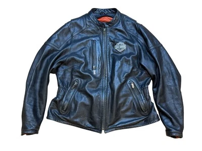 Chaqueta vintage Harley Davidson para mujer de cuero negra bordada malla naranja Lini Foto 1 de 4